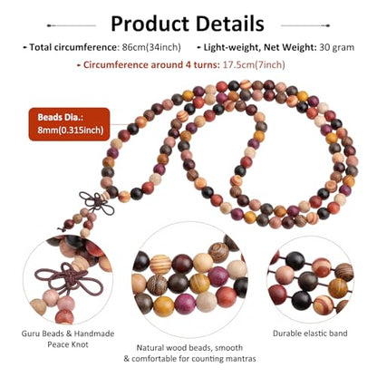 Nupuyai Natural Wood Wrap Bracelet for Women and Men, 108 Prayer Mala Beads Tibetan Necklace for Unisex Elastic Meditation Yoga Jewelry