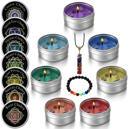 9 Pcs Chakra Candles Set with Healing Crystal Bracelet Necklace Spiritual Gifts for Women Meditation Scented Soy Aromatherapy Healing Candles Reiki Gifts for Positive Energy Yoga Relaxation