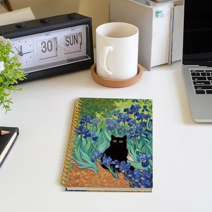 ROXMART Irises Floral Black Cat Spiral Notebook, Black Cat Gifts Journal, Cats Lover Gifts for Women, Abstract Flower Field Kitty Kitten Hardcover Notebook Journal, 5.5x8.3 Inch - color: Style07