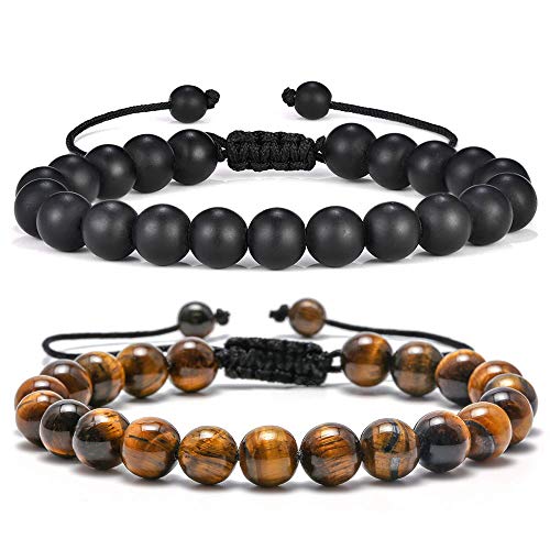 M MOOHAM Fathers Day Gift Mens Bracelet - Beaded Natural Stone 8mm Tiger Eye Matte Agate Lava Rock Bracelets for Men Teen Boys Grandpa Dad Birthday Gifts Jewelry - style: Matte Agate Bracelet&Tiger Eye Bracelet