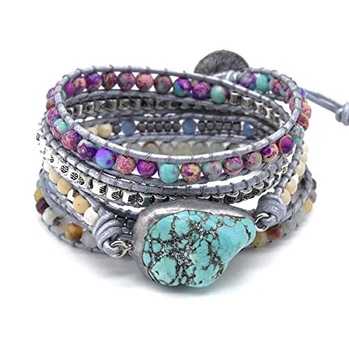 Boho Wrap Bracelet for Women, Handmade Natural Imperial Jasper Multi-Layer Stone Beaded Bracelet, Bohemian Healing Crystal Stone Jewelry Gifts - color: Turquoises