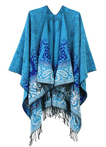 Urban CoCo Women's Retro Style Vintage Pattern Tassel Poncho Shawl Cape Wraps For Women - color: Series 4-blue
