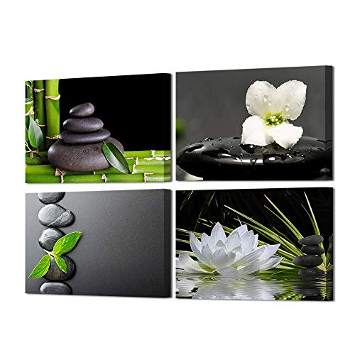VVOVV Wall Decor Zen Wall Decor Zen Stone Elegant Lotus Flower Painting Green Bamboo Wall Pictures Bathroom Spa Room Decor Framed Gallery Wrap 12"x16"x4 Panels