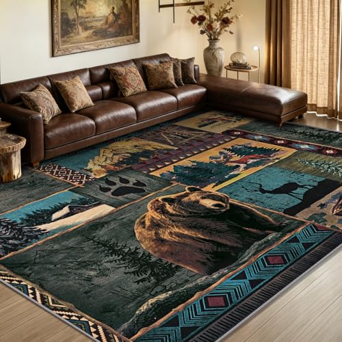 ASPMIZ Rustic Area Rugs 6x9 Living Room Rug, Low Pile Southwestern Washable Rug Non Slip, Soft Faux Wool Cabin Throw Rugs for Bedroom, Dining Room, Vintage Country Wildlife Home Decor, Blue - color: Blue, size: 6' X 9' (Rectangular)