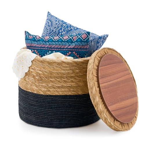 Round Pouf Ottomans, Handwoven Natural Water Hyacinth Seagrass Pouffe,Outdoor Rattan Stool Accent Seat, Bohemian Coastal Home Decor (Storage - 18inch Natural Cattail & Black Corn Shell) - color: Storage - 18inch Natural Cattail & Black Corn Shell