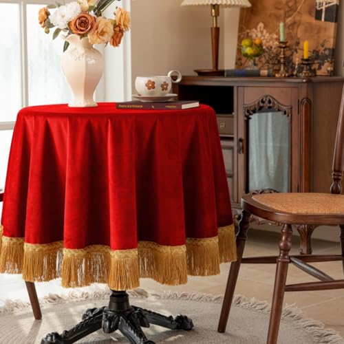 F-CHU Red 48 Inch Round Tablecloth Thickset Velvet Tablecloth with Beautiful Gold Tassels Vintage Table Cloth for Home Decor Wedding, Party, Banquet and Events 48" Round - color: Red, size: 48" (Round)