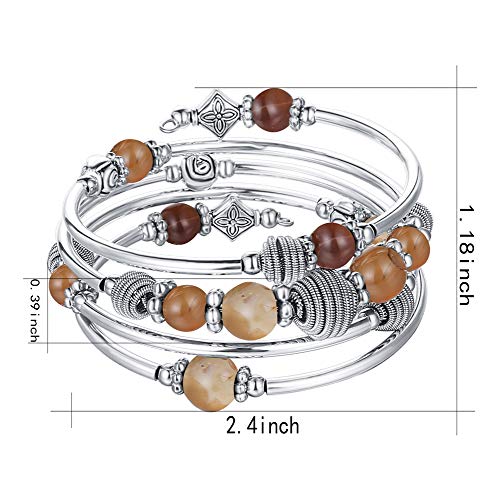 PEARL&CLUB Beaded Chakra Bangle Turquoise Bracelet - Fashion Jewelry Wrap Bracelet with Thick Silver Metal and Mala Beads, Birthday Gifts For Women