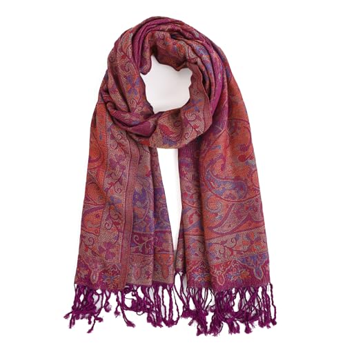 Paisley Pashmina Rave Shawl Scarf-Women's Reversible Ethnic Jacquard Pashmina Wraps for Travel - color: A#. Red Purple
