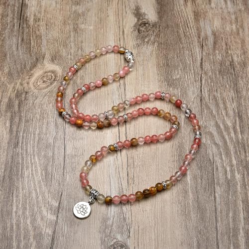 6mm 108 Mala Beads Bracelet, Yoga Zen Necklace with Buddha and Lotus Charm for Prayer - style: Watermelon Tourmaline