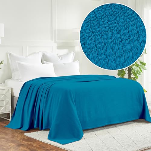 Superior Waffle Weave Cotton Blanket, for Picnic, Beach, Traveling or Camping, Comfy Blanket, Bedroom Decor, Essentials, Cover for Bed, Couch, Lounging, Honeycomb Knit, Throw, Azure