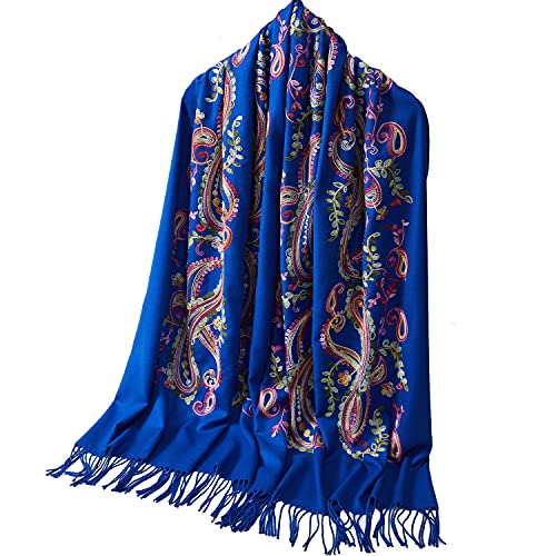 Embroidered Brushed Shawl Paisley Leaves Pattern Scarf Soft Ponchos Wrap Cape With Fringes - color: 07-royal Blue