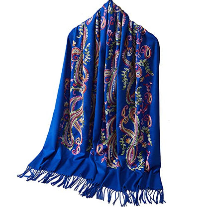 Embroidered Brushed Shawl Paisley Leaves Pattern Scarf Soft Ponchos Wrap Cape With Fringes - color: 07-royal Blue