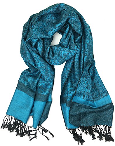 Plum Feathers Two Tone Vintage Paisley Pattern Pashmina Scarf - color: Cyan Blue