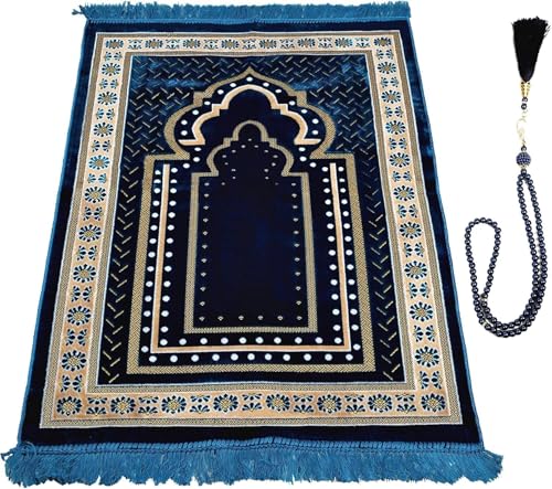 Prayer Mat Rug for Muslim Men, Women or Kids, Portable Praying Mat and Prayer Beads Sets for Islamic Gifts – Muslim Prayer Rug For Ramadan, Umrah, Hajj - Turkish Rug for Meditation and Worship (BLUE) - color: Blue