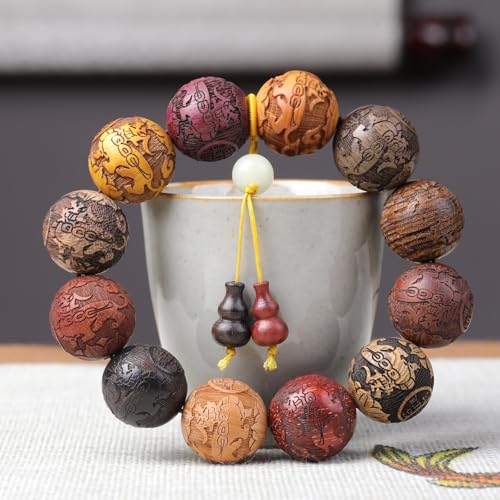 Zen Dear Unisex Natural Colorful Wood Buddhist Prayer Beads Bracelet Necklace Tibetan Mala Prayer Beads - style: 20mm 12beads Carve+Gourd