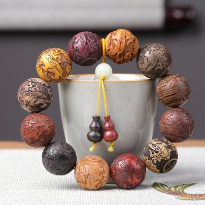 Zen Dear Unisex Natural Colorful Wood Buddhist Prayer Beads Bracelet Necklace Tibetan Mala Prayer Beads - style: 20mm 12beads Carve+Gourd