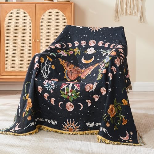 Boho Throw Blanket Reversible Cotton Bohemian Tapestry Hippie Room Decor Outdoor Blanket Double Sided (Black Butterfly 50"x60") - color: Black Butterfly, size: 50*60 inch