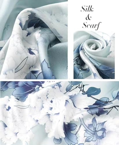 100% Mulberry Silk Long Scarf for Women Large Shawls for Headscarf and Neck- Oblong Hair Wraps with Gift Packed - color: Dusty Blue Peony