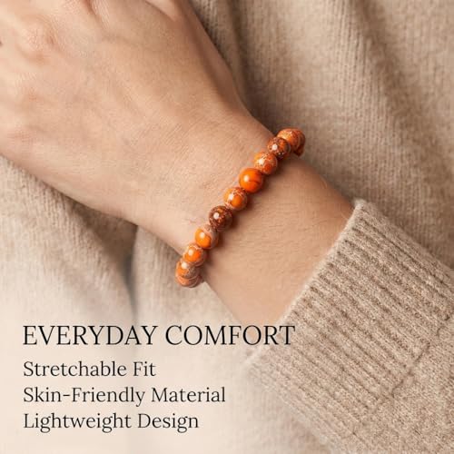 Angelstones Handmade Natural Healing Gemstone 8mm Round Beads Stretch Crystal Bracelet 7 Inch Unisex - color: Orange Sea Sediment Jasper