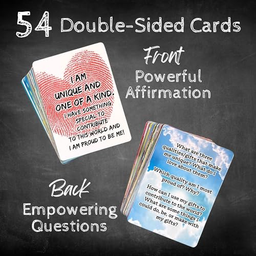 Positive Affirmation Cards for Kids and Teens - 54 Affirmations, 150+ Inspirational Questions with Storage Box - Inspire confidence and Positive attitude - Self Care Kit & Mindfulness Gift