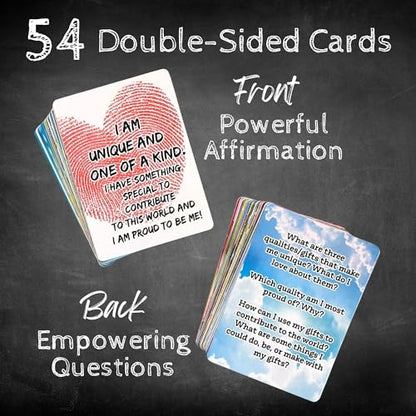 Positive Affirmation Cards for Kids and Teens - 54 Affirmations, 150+ Inspirational Questions with Storage Box - Inspire confidence and Positive attitude - Self Care Kit & Mindfulness Gift