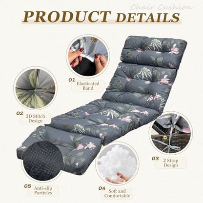 Outdoor Chaise Lounge Chair Cushion 75.1 x 23.6 x 4.7in, Waterproof Replacement Cotton Patio Thickened Pool Lounge Chair Cushion with Ties for Patio Outdoor Furniture,Tropical Blossom - color: Tropical Blossom