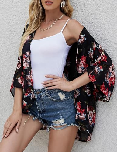 Chunoy Women Floral Beach Wear Cover Up Chiffon Kimono Cardigan Open Front Blouse Top - color: D2007 Black, size: Large
