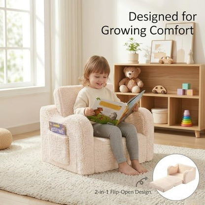 MOMCAYWEX Kids Sofa, 2-in-1 Flip-Out Foam Couch with Soft Sherpa Cover, Cozy Play Lounge Chair, Cream - color: Cream, size: Medium