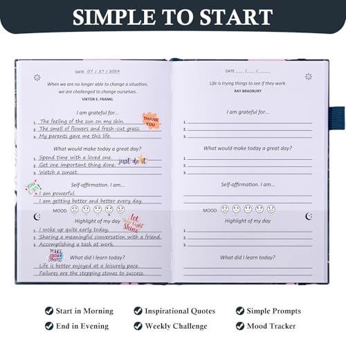 Gratitude Journal with 4 Inspirational Stickers: Undated Daily Gratitude Journal for Women and Men - More Happiness, Affirmation, and Mindfulness in A Few Minutes with Prompts & Quotes (Peony) - color: D. Peony