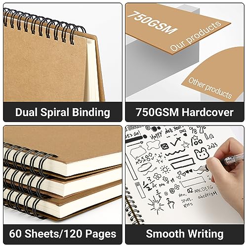 EUSOAR Spiral Unlined Notebook, A4 3 Packs 8.5"x 11" 120 Pages Hardcover Blank College Spiral Travel Writing Journals, Kraft Hardcover, School Students Office Business Diary, Memo Notepad Sketchbook - color: Kraft, size: A4-3 Packs