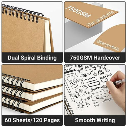 EUSOAR Spiral Unlined Notebook, A4 3 Packs 8.5"x 11" 120 Pages Hardcover Blank College Spiral Travel Writing Journals, Kraft Hardcover, School Students Office Business Diary, Memo Notepad Sketchbook - color: Kraft, size: A4-3 Packs
