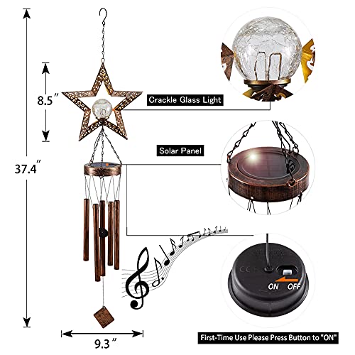 Solar Wind Chimes, Star Wind Chime Crackle Glass Ball Warm LED Light, Outside Hanging Outdoor Decor with Metal Tubes Unique Memorial Sympathy Gift for Wife Mom Grandma