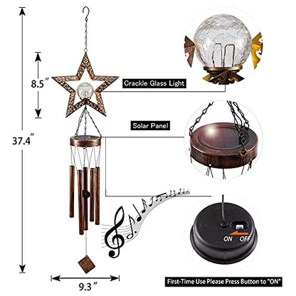 Solar Wind Chimes, Star Wind Chime Crackle Glass Ball Warm LED Light, Outside Hanging Outdoor Decor with Metal Tubes Unique Memorial Sympathy Gift for Wife Mom Grandma