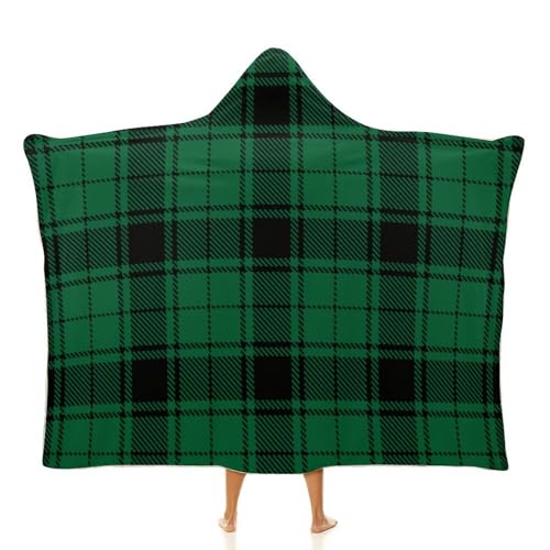 Scottish Tartan Plaid Green Large Size Comfortable Hooded Blanket, Warm Blanket 50"x60" - color: Scottish Tartan Plaid Green, size: 50"x60"