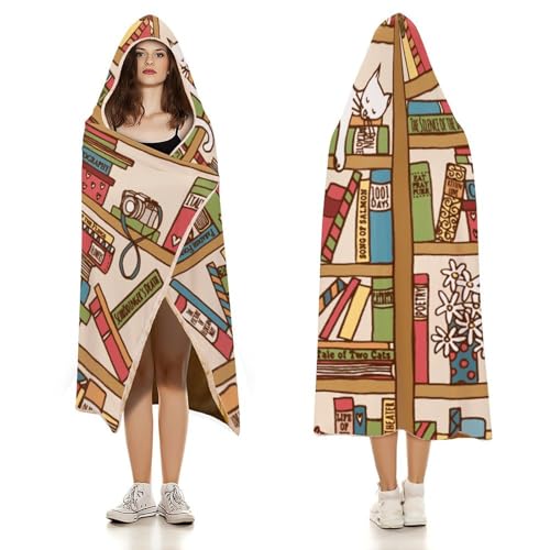 Sleeping Cat Library Bookshelf Large Size Comfortable Hooded Blanket, Warm Blanket 60"x80" - color: Sleeping Cat Library Bookshelf, size: 60"x80"