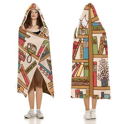 Sleeping Cat Library Bookshelf Large Size Comfortable Hooded Blanket, Warm Blanket 60"x80" - color: Sleeping Cat Library Bookshelf, size: 60"x80"