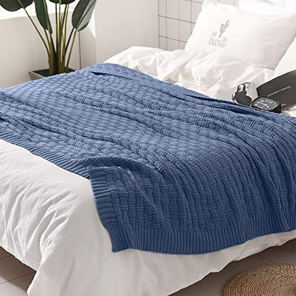 TREELY 100% Cotton Knitted Throw Blanket Couch Cover Blanket(60 x 80 Inches, Dusty Blue) - color: Dusty Blue, size: Twin (60 in x 80 in)