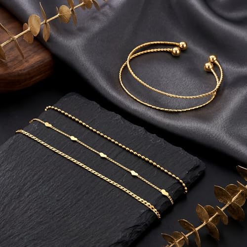 Dainty Gold Bracelet for Women Stack, Thin Bracelets Stackable Set with Bangle Cuff, Box, Herringbone, Paperclip, Figaro, Sparkling Link Chains Waterproof, Simple Jewelry Gifts for Women Non Tarnish - color: Gold-cuban/cuff/heart/beaded/twisted/rope