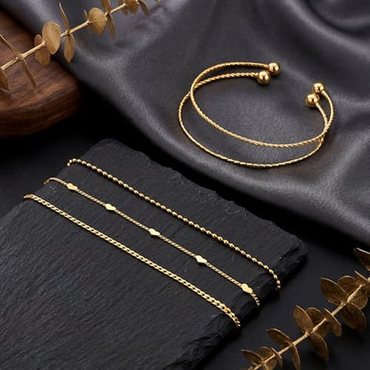 Dainty Gold Bracelet for Women Stack, Thin Bracelets Stackable Set with Bangle Cuff, Box, Herringbone, Paperclip, Figaro, Sparkling Link Chains Waterproof, Simple Jewelry Gifts for Women Non Tarnish - color: Gold-cuban/cuff/heart/beaded/twisted/rope