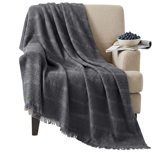 Mira Waffle Throw Blanket with Tassels - 50x66 Inch - 100% Turkish Cotton Tencel Breathable Blend Lightweight Blanket for Couch, Sofa, Bed - color: Anthracite