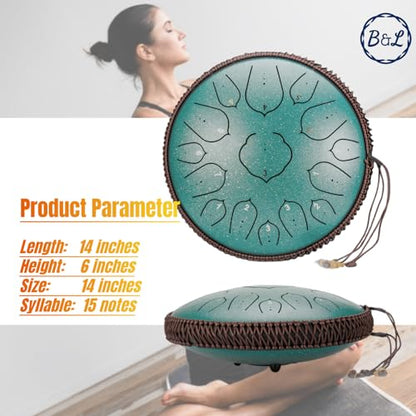 Steel Tongue Drum 14 Inches 15 Notes Hand Pan Drum Rain Drum Percussion for Meditation Yoga Musical Education (Lotus Green)