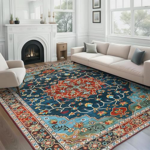 WILLSUN Washable Area Rugs, 8x10 Non-Slip Boho Large Area Rugs for Living Room, Bedroom, Machine Washable Vintage Rug, Indoor Floral Print Carpet for Home Decor, Kid & Pet Friendly Mat - color: Brick Red, size: 8' x 10' (Rectangular)