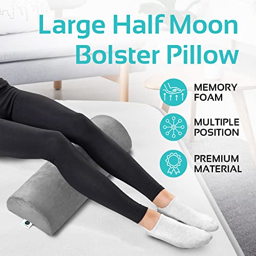 Knee Pillow for Back Sleeping | Large Half Moon Bolster Pillow for Legs, Under Knee Pillow for Sleeping on Back (20.5" x 8" x 4.5") Leg Pillow for Ankle and Foot Comfort, Machine Washable Cover, Grey - style: Knee Half Moon