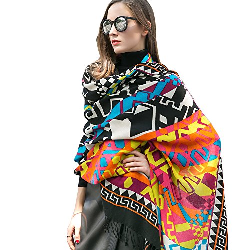 100% Merino Wool Pashmina Shawl for Women 96"x43", Oversized Cashmere Wrap with Tassels, Floral Travel Blanket Cape - color: Black Multicolor Graphic
