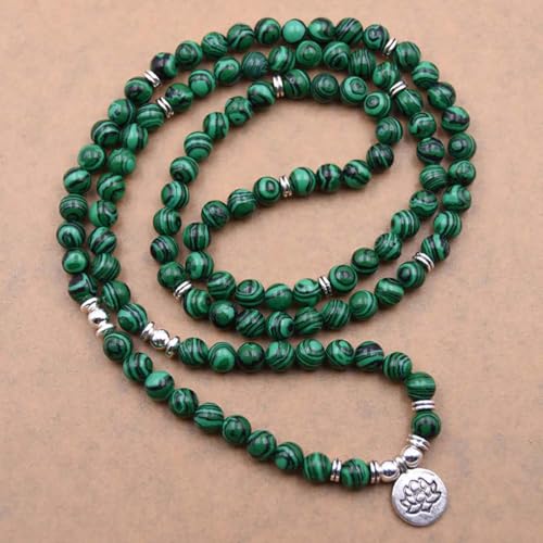 108 Mala Beads Bracelet Necklace - Gemstone Prayer Beads with Lotus Charm for Meditation & Yoga - style: Malachite