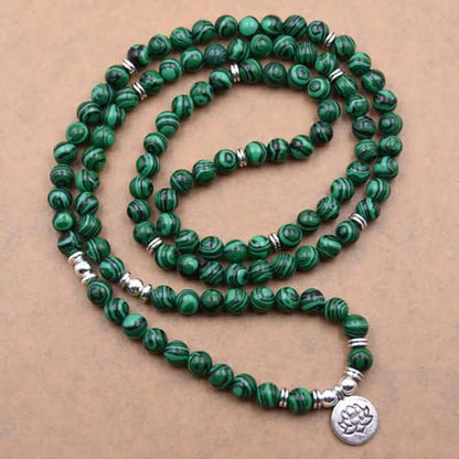108 Mala Beads Bracelet Necklace - Gemstone Prayer Beads with Lotus Charm for Meditation & Yoga - style: Malachite