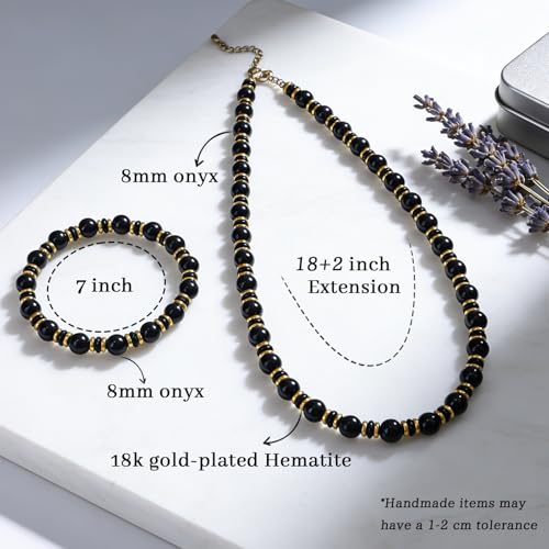 Gemstone Beaded Necklace for Women, Trendy 18K Gold Plated Hematite Natural Stone Bead Choker, Boho Handmade Summer Beach Necklaces for Women Everyday Western Jewelry Gifts - color: 02-black