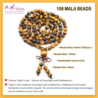 AD Beads 6mm 8mm 108 Prayer Mala Jasper Elastic Bracelet - Handmade Yoga Meditation Healing Power Energy Gifts for Unisex Adult. - color: Yellow Tiger's Eye(Courage)