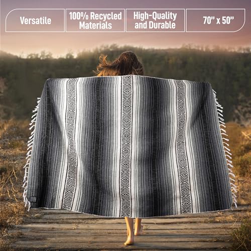 Authentic Extra Large Mexican Blanket - 70"x50" Handwoven Yoga, Serape, Artisanal Falsa, Beach, Camping, Picnic, Outdoor Blanket (Oxford) - color: Oxford