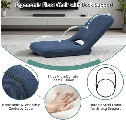 Floor Chair with Adjustable Back Support, Foldable Padded Gaming Floor Seat for Adults & Kids, Multi-Position Meditation Chair with Corduroy Cover for Reading, Gaming & Watching TV (Blue)